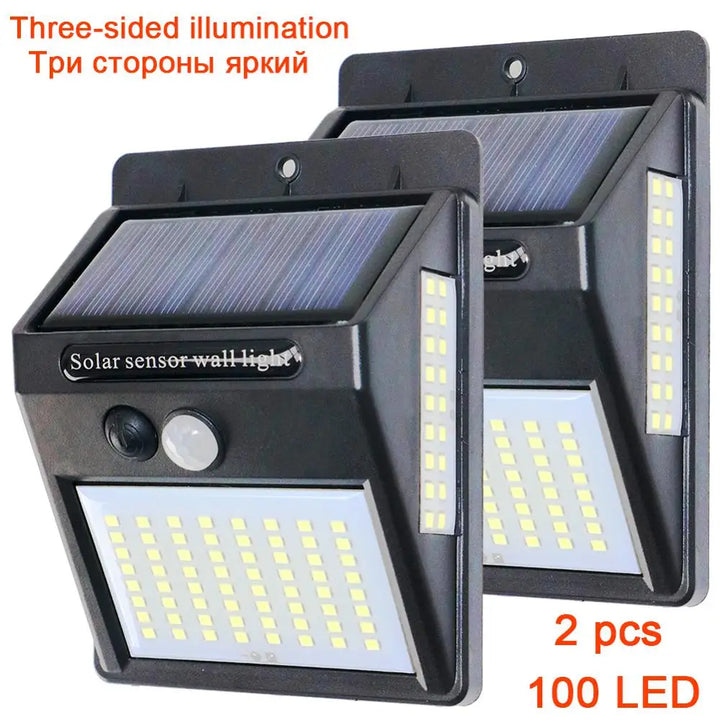 PIR Motion Sensor 100LED Sunlight control 3 sided Solar Energy Street light Yard Path Home Garden Solar Power lamp Wall Light